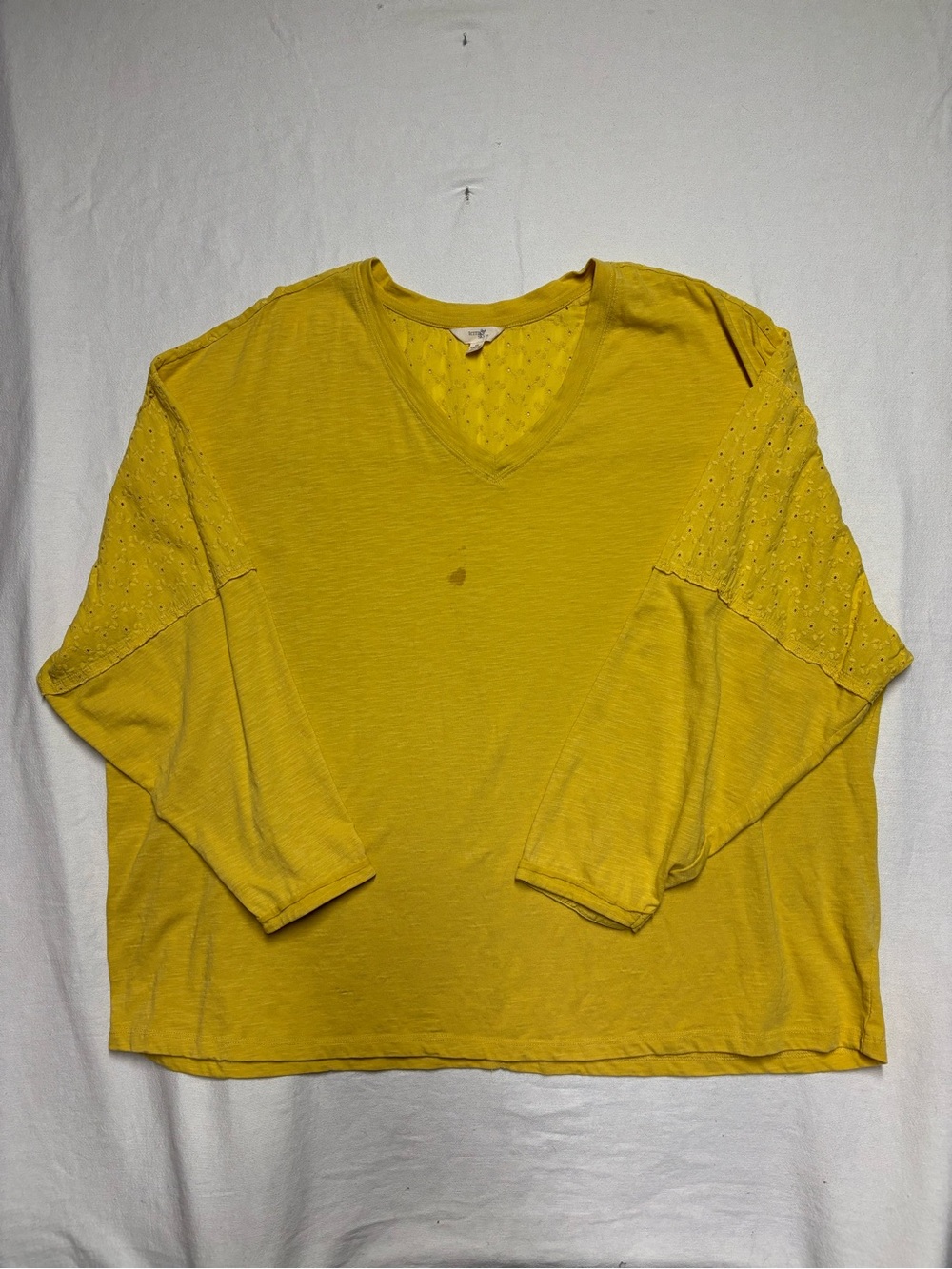 Time and Tru Mustard Eyelet V-Neck Long Sleeve Top